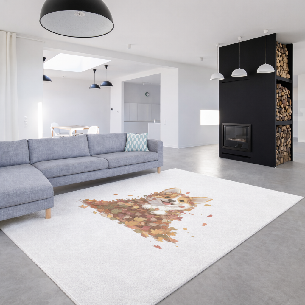Sonbahar Yaprakları İçinde Mutlu Corgi Salon Halısı