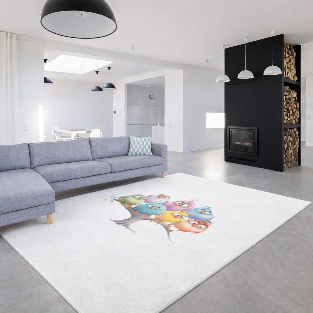 Whimsical Colorful Birds on Branch Living room carpet