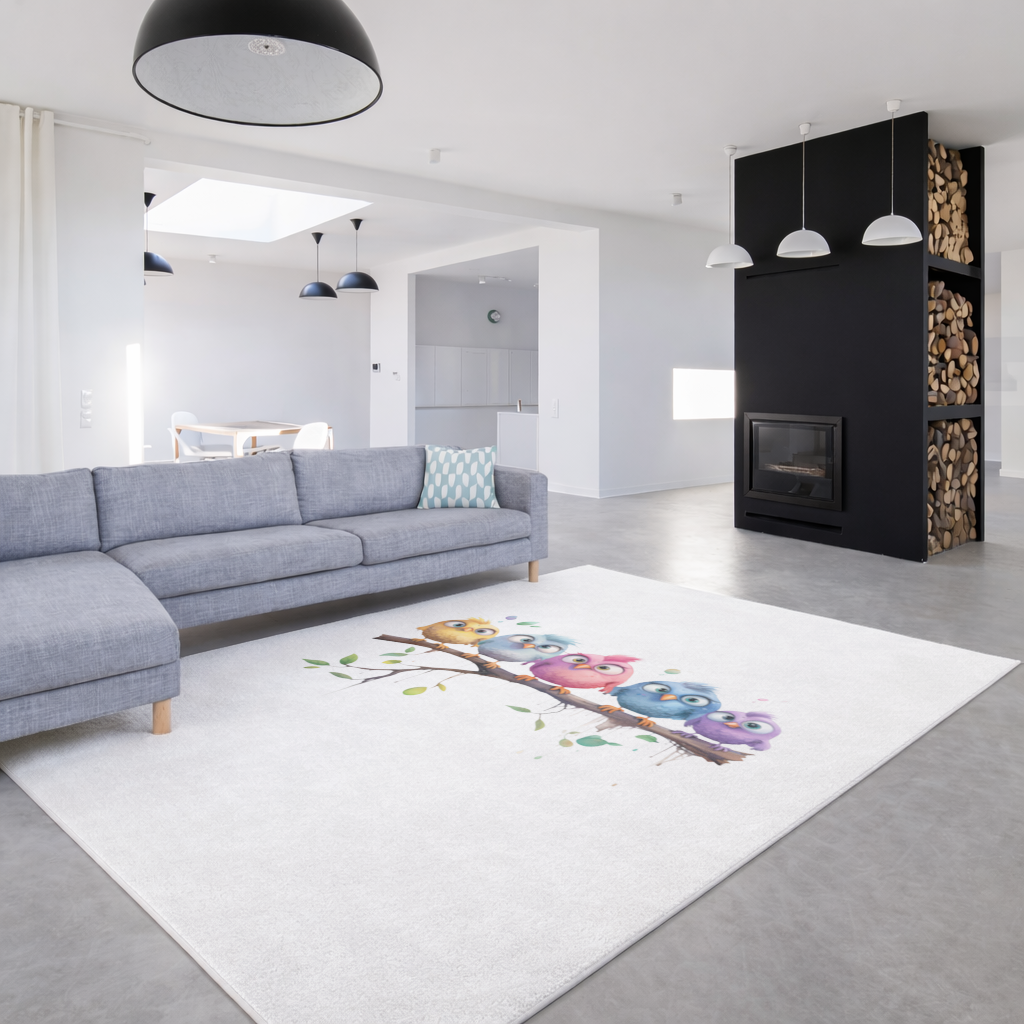Five Colorful Kawaii Birds on Branch Living room carpet