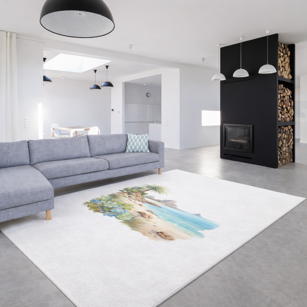 Turkuaz Deniz ve Tropikal Palmiye Salon Halısı