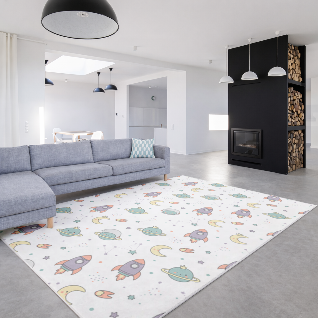 Sevimli Uzay Roket Deseni Salon Halısı