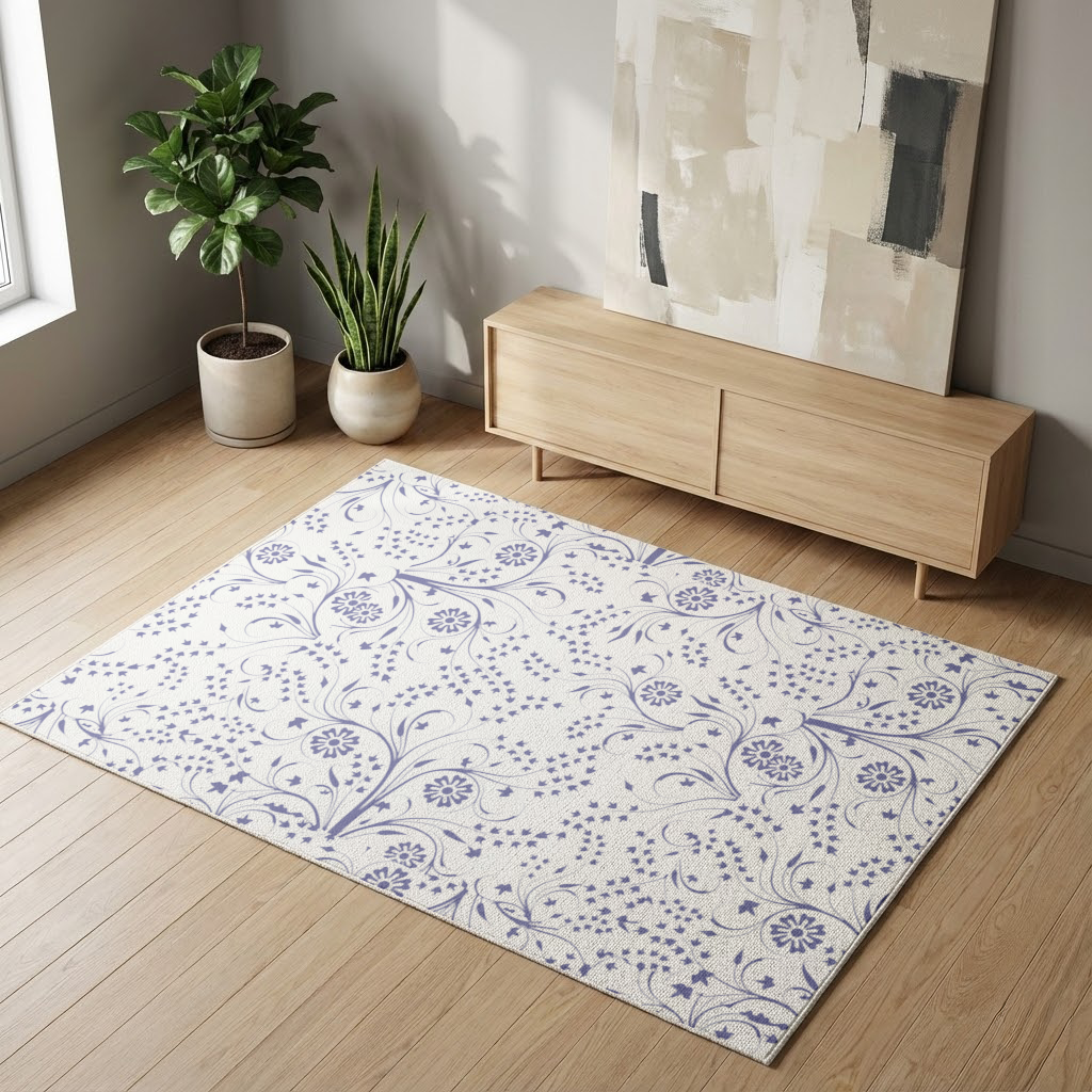 Blue White Vintage Floral Pattern Living room carpet