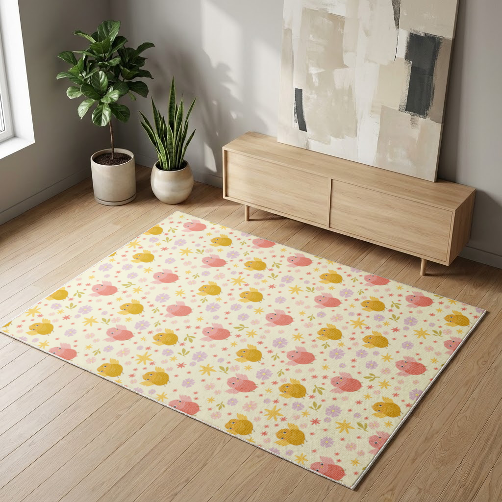 Cute Birds and Floral Pastel Spring Pattern Illustration Living room carpet