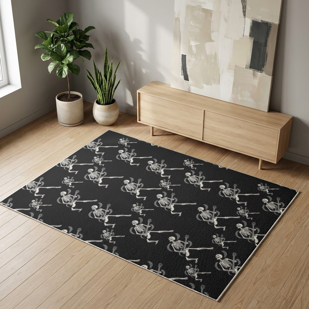 Rock Guitar Playing Skeleton Pattern on Black Living room carpet