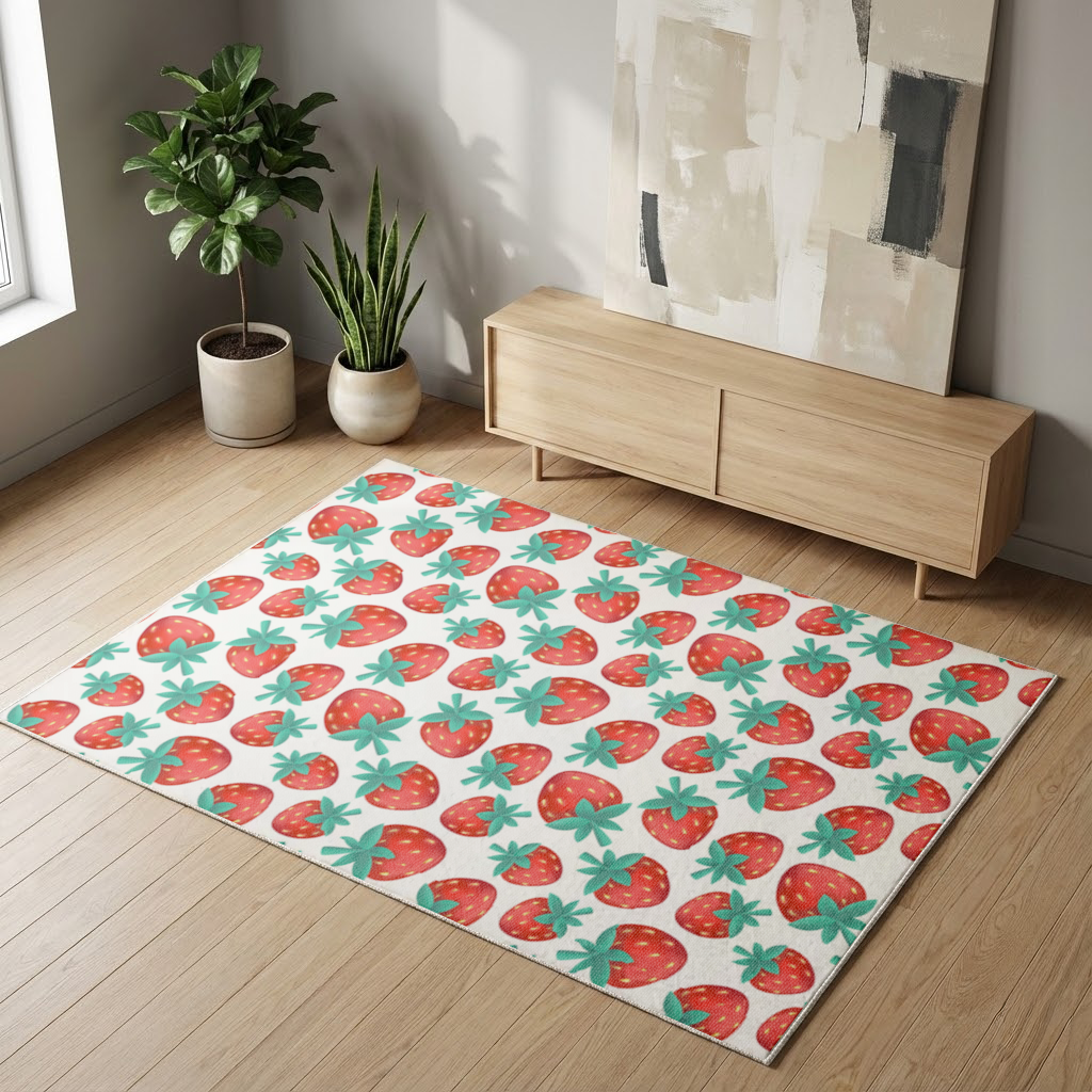 Canlı Kırmızı Çilek Desenli Yaz Motifi Salon Halısı
