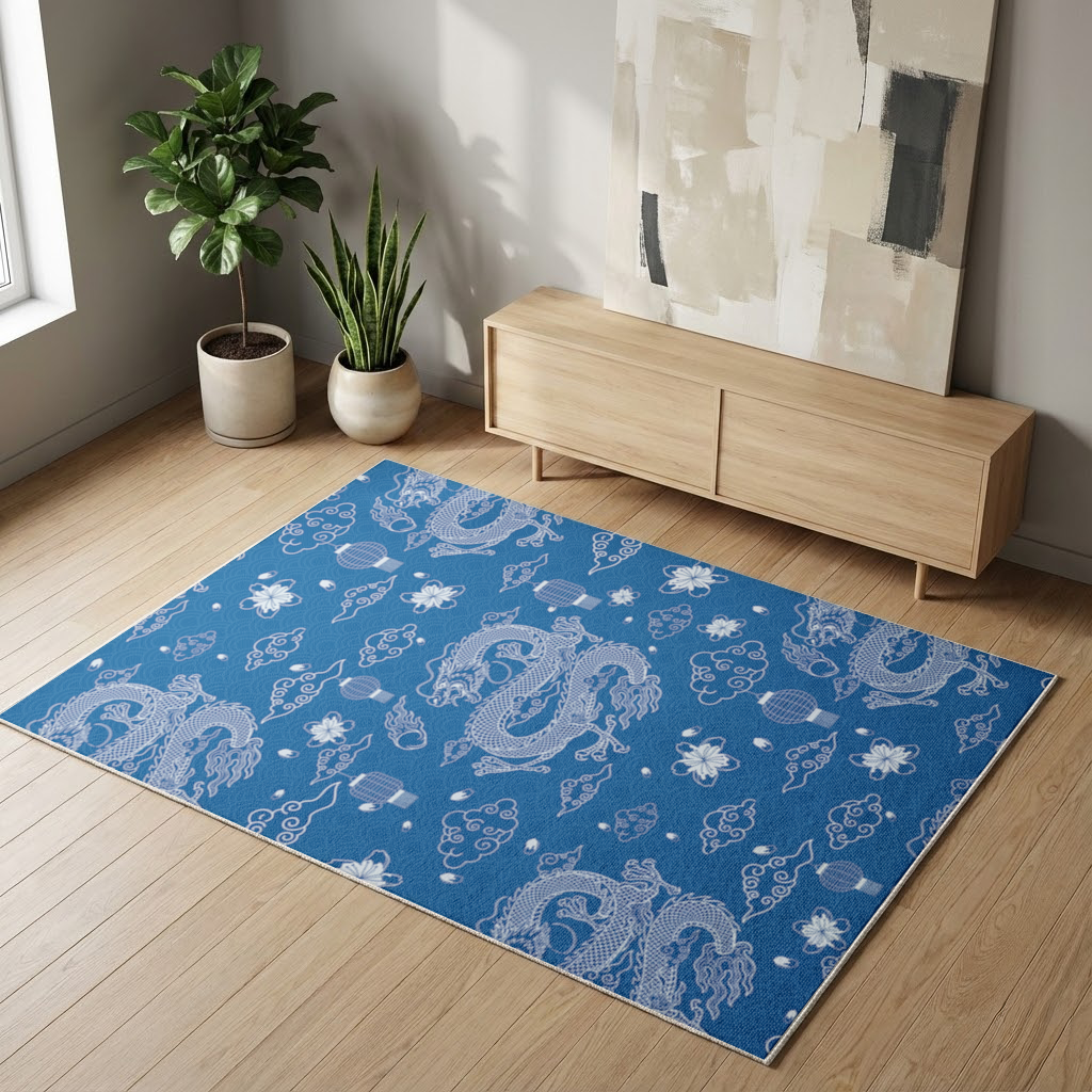 Traditional Dragon Pattern on Blue Background Living room carpet