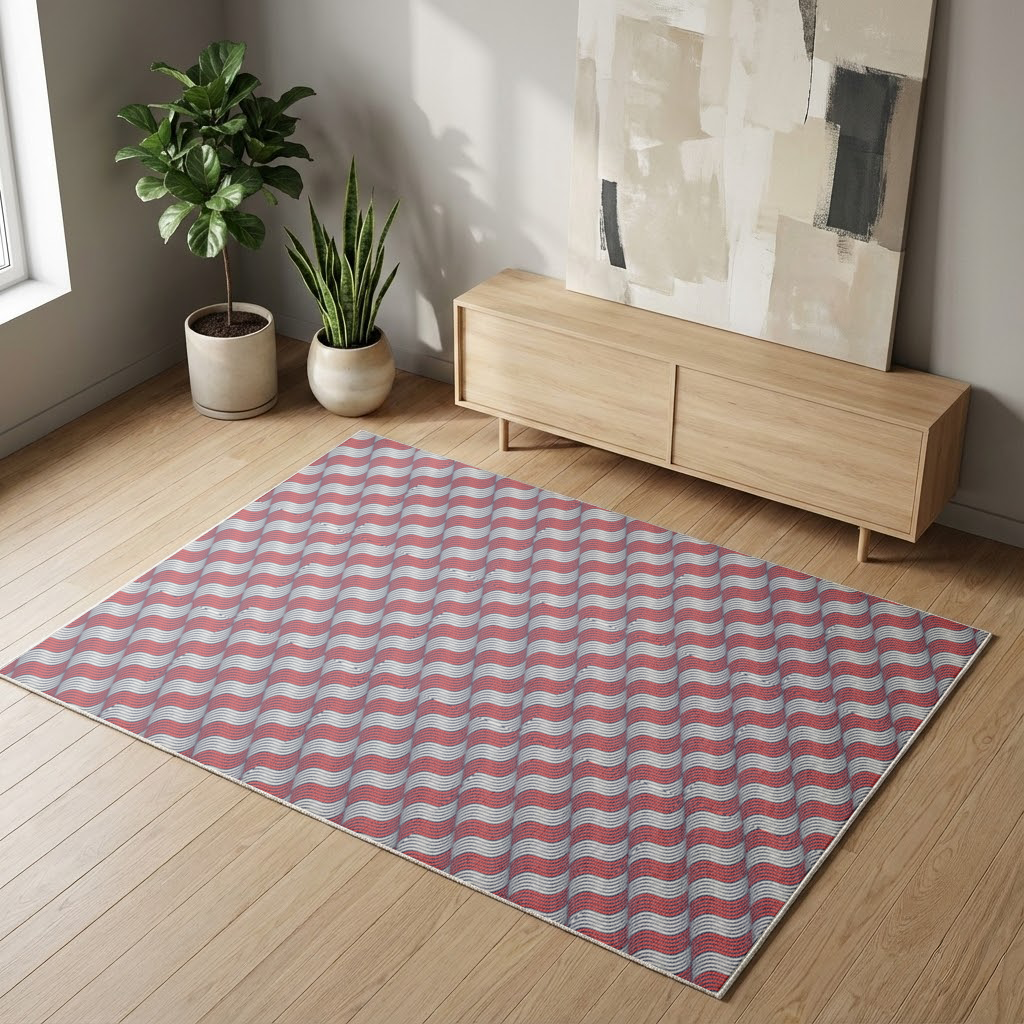 Kırmızı Lacivert Dalgalı Çizgi Deseni Salon Halısı