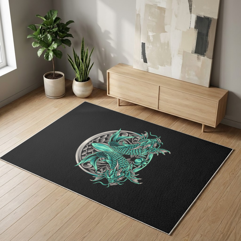 Turquoise Twin Dragon Emblem Design Living room carpet