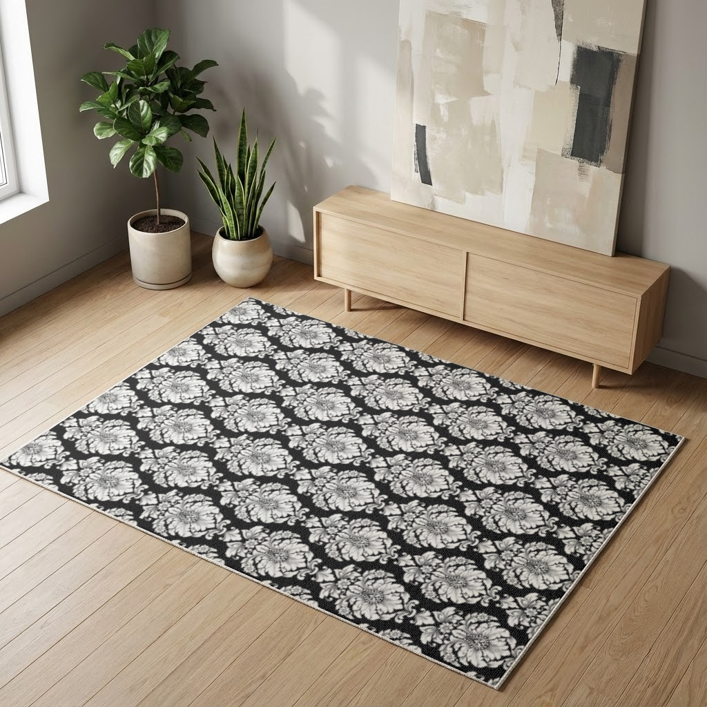Black and White Baroque Floral Pattern Living room carpet