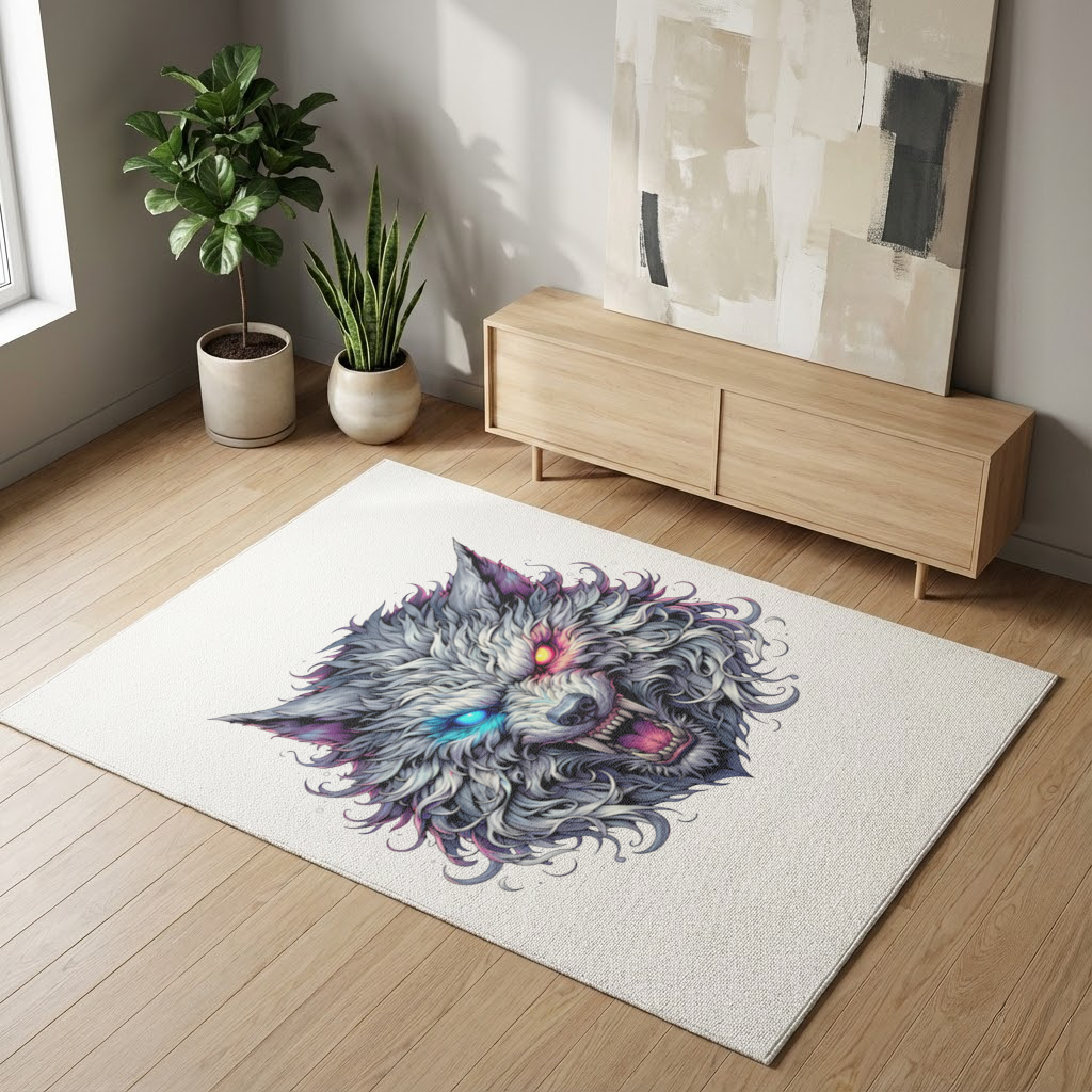Fierce Wolf Head Illustration Heterochromia Eyes, Savage Wolf Living room carpet