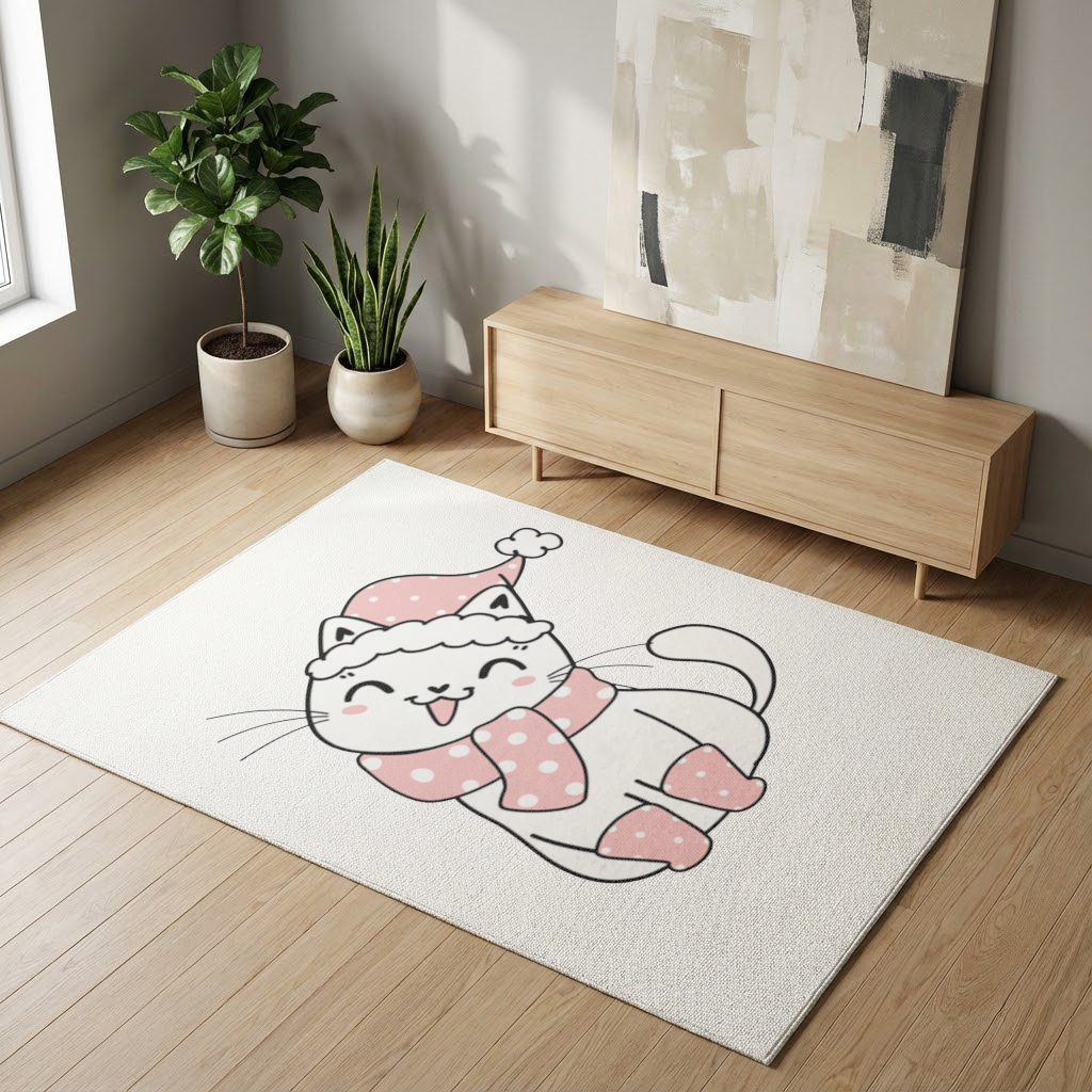 Cute Christmas Cat with Pink Polka Dot Outfit Living room carpet
