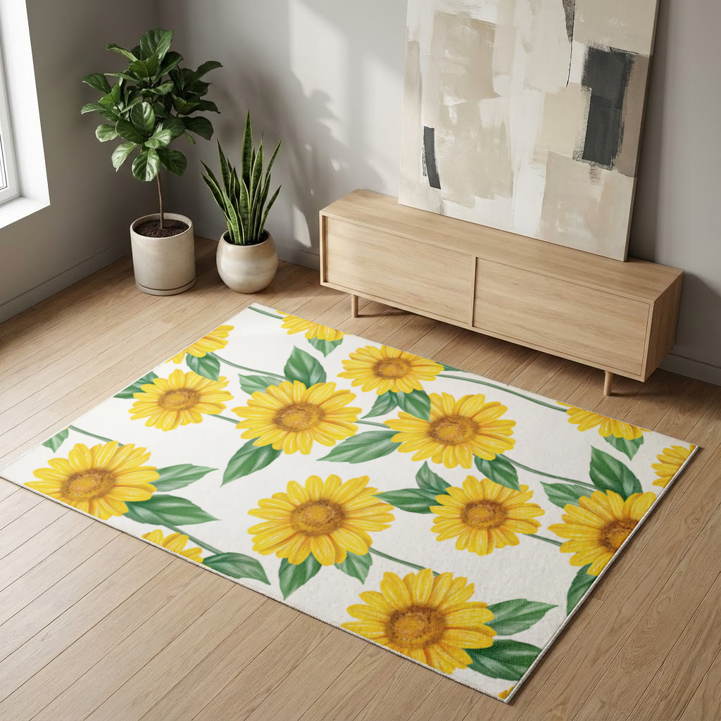 Vibrant Yellow Sunflower and Green Leaf Pattern Illustration Living room carpet