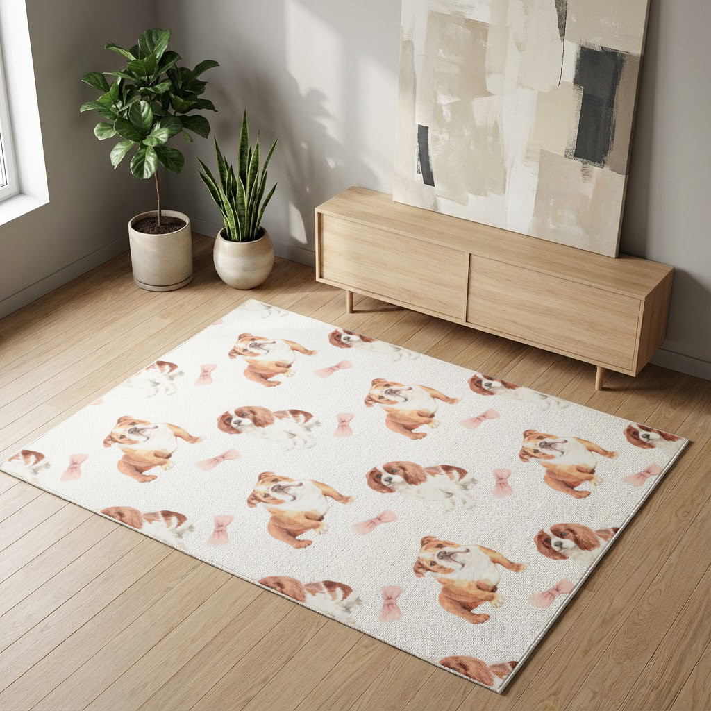 Watercolor English Bulldog and Cavalier Puppy Pattern Living room carpet