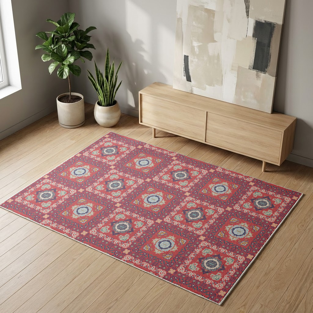 Traditional Kilim Inspired Red Ethnic Geometric Pattern Living room carpet