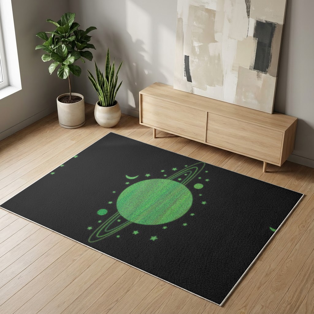 Green planets on a black background. Living room carpet