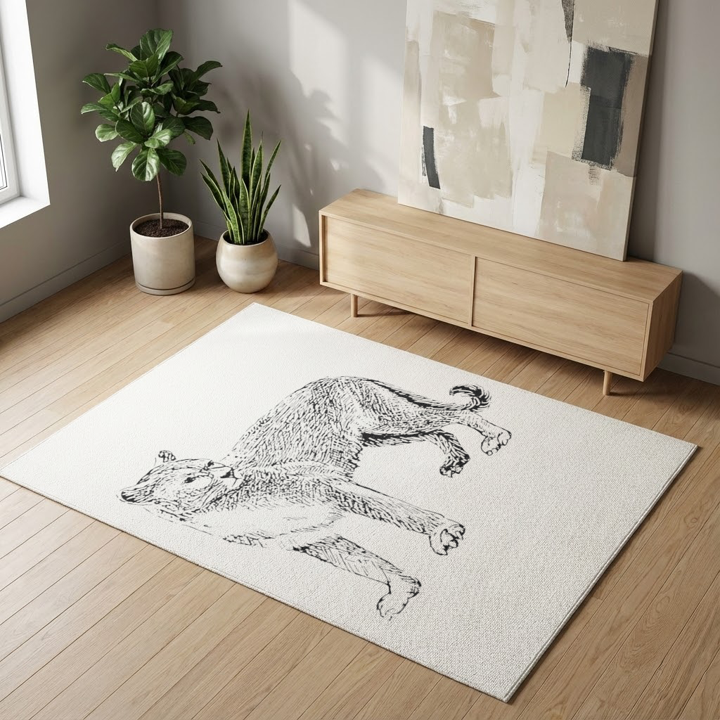Black and White Wild Cat Sketch Illustration Living room carpet