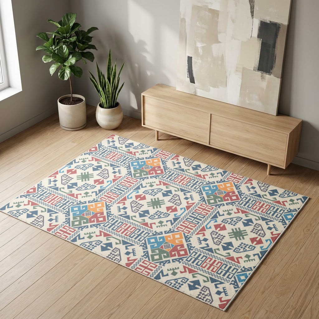 Multicolor Ethnic Geometric Motif Living room carpet