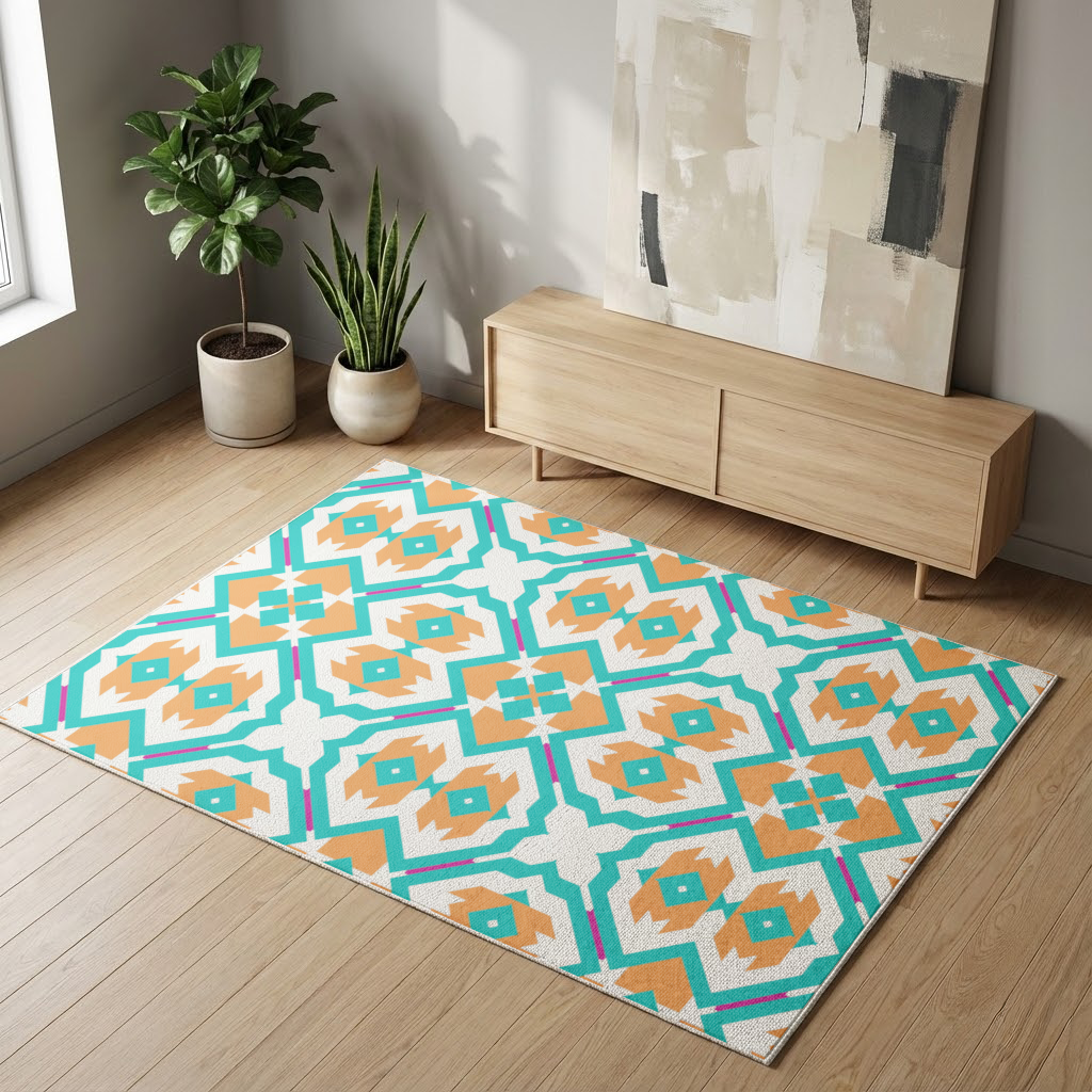 Orange and Turquoise Geometric Pattern Living room carpet