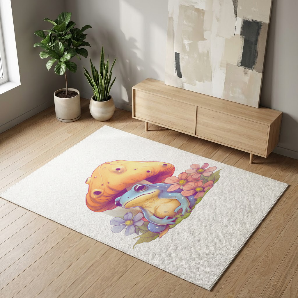 Blue Frog Resting Under Orange Mushroom 