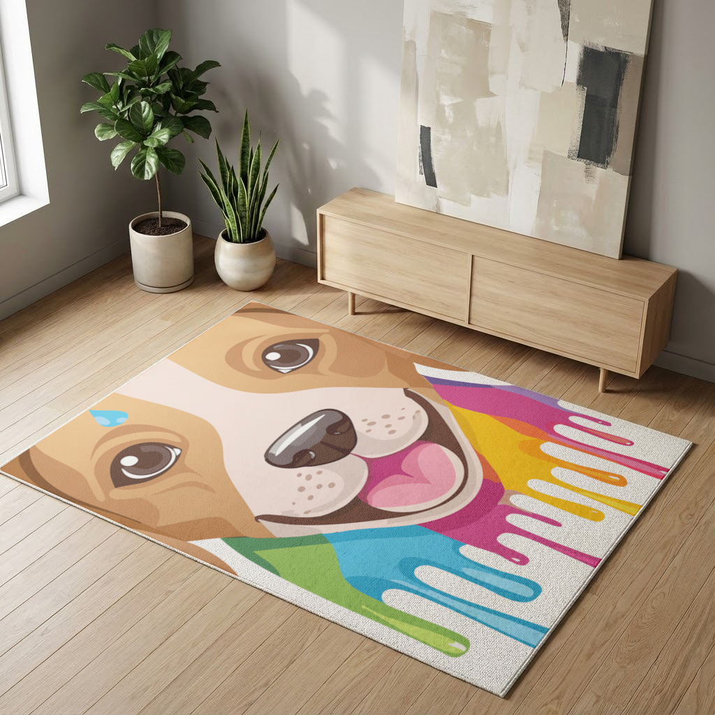 Happy Dog with Colorful Paint Drips Living room carpet