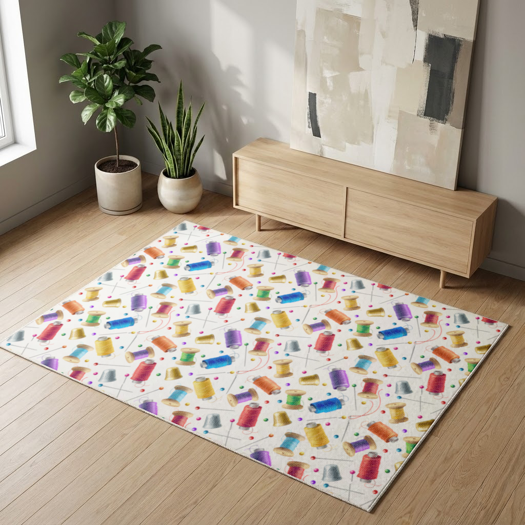 Renkli Makaralar ve Terzi Gereçleri Deseni Salon Halısı