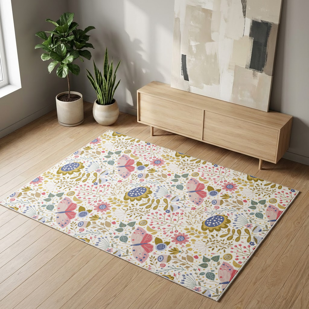 Folk Art Floral and Butterfly Pattern Living room carpet