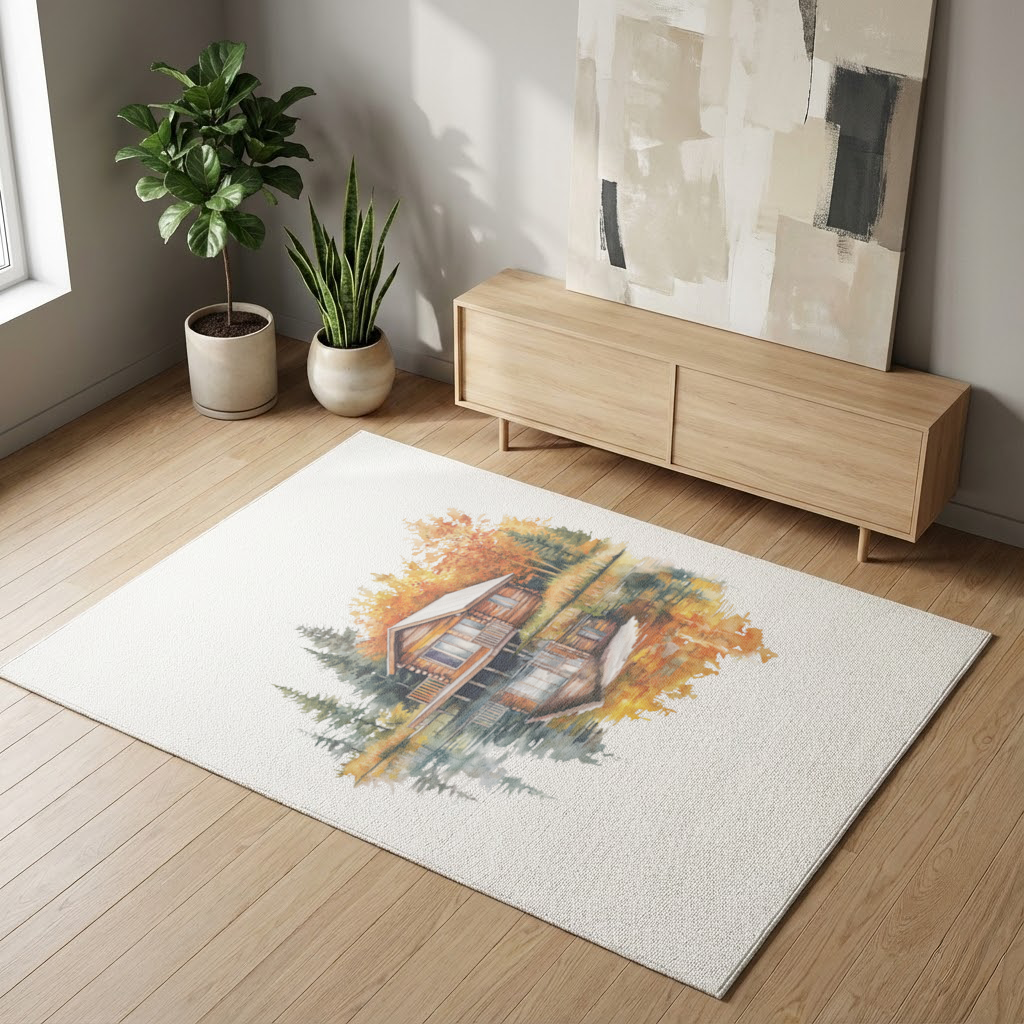 Lakeside Log Cabin Autumn Landscape Living room carpet