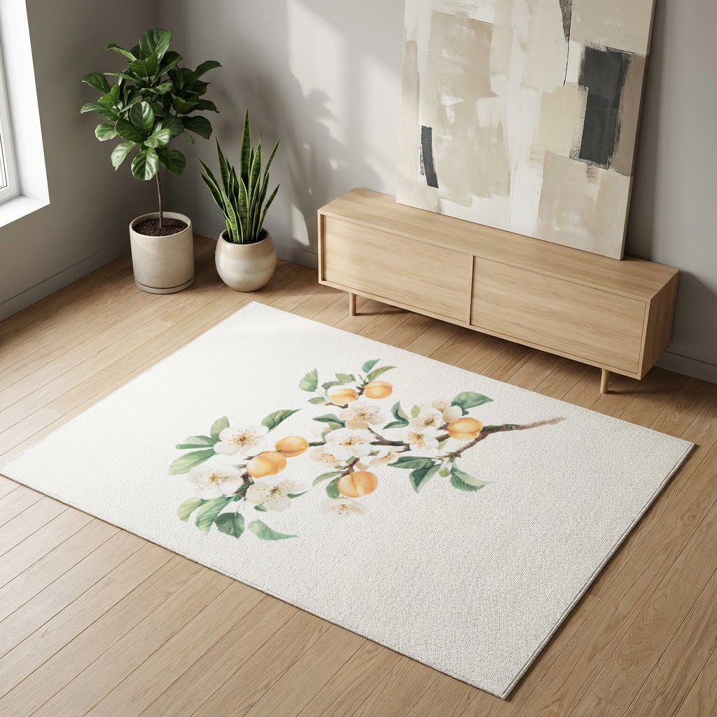 Watercolor Apricot Blossom Branch Living room carpet