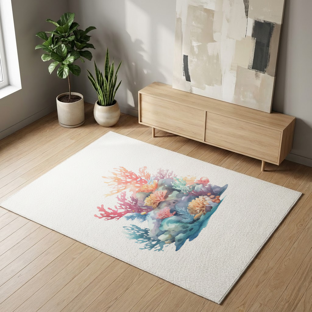 Vibrant Watercolor Coral Reef Scene Living room carpet