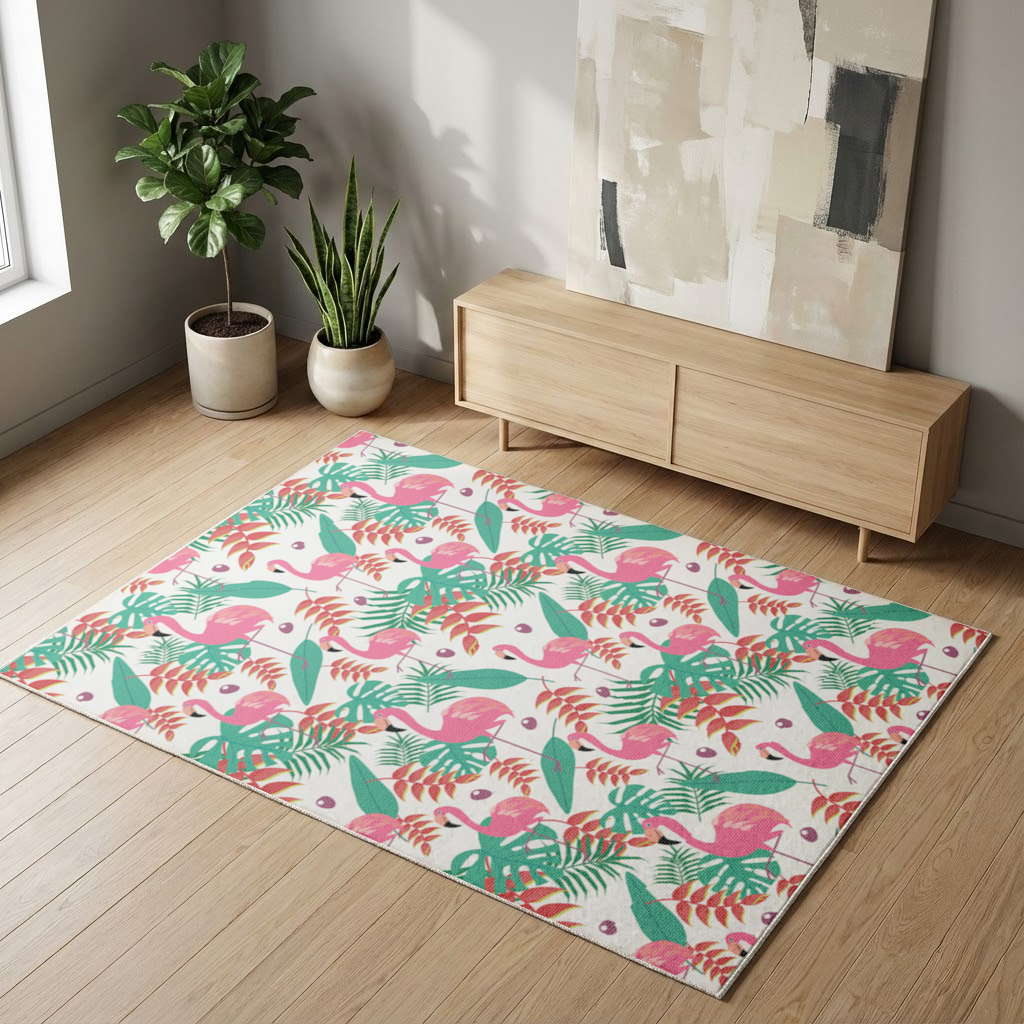 Pembe Flamingo Tropikal Yapraklar Salon Halısı