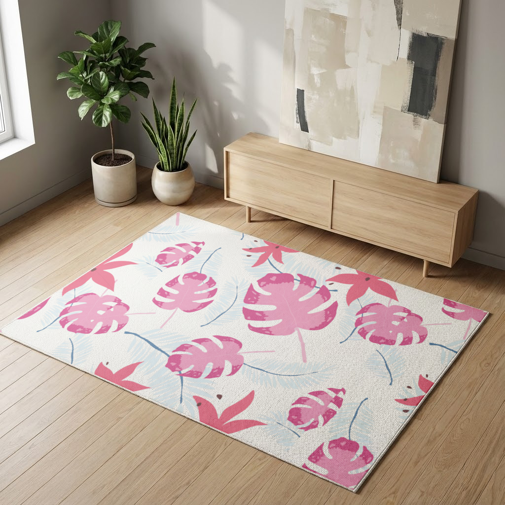 Pembe Monstera ve Tropikal Lilyum Salon Halısı