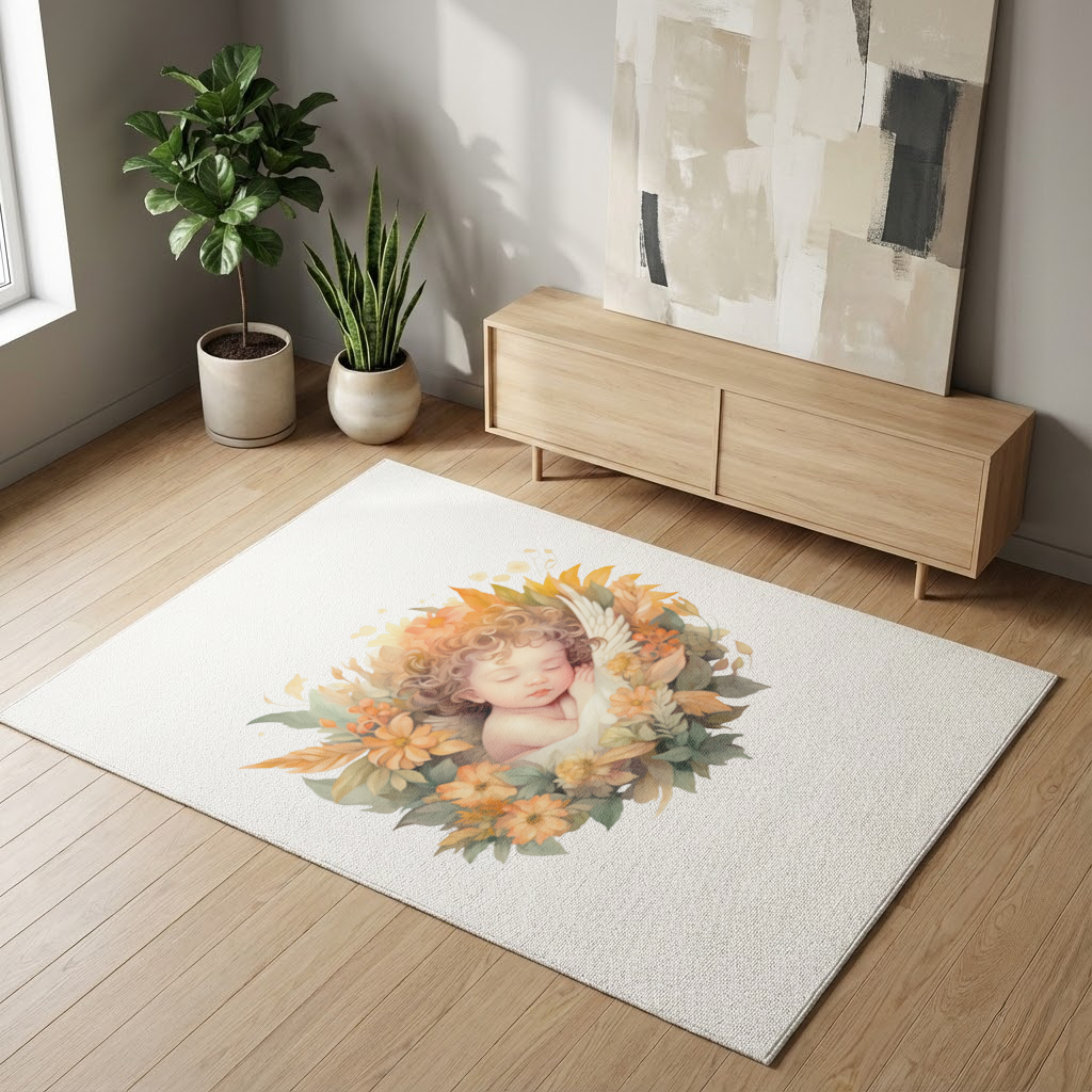 Çiçekler Arasında Uyuyan Bebek Melek Salon Halısı