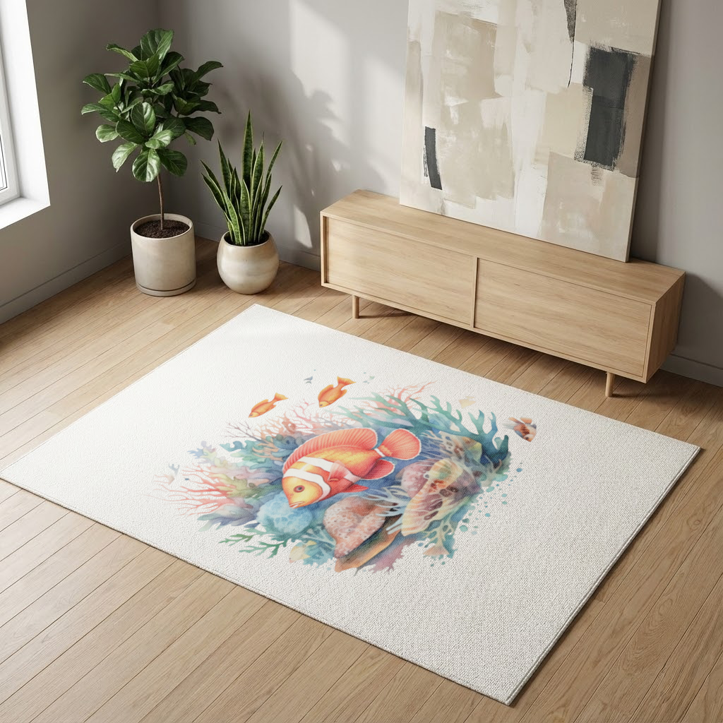 Watercolor Clownfish and Tropical Coral Reef Living room carpet