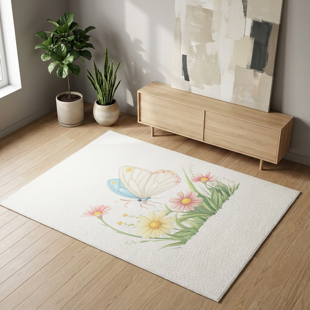 Pastel Kelebek ve Kır Çiçekleri Bahçesi Salon Halısı