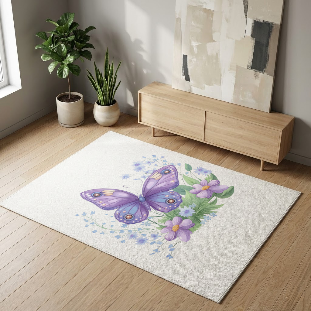 Mor Kelebek ve Mavi Kır Çiçekleri Salon Halısı