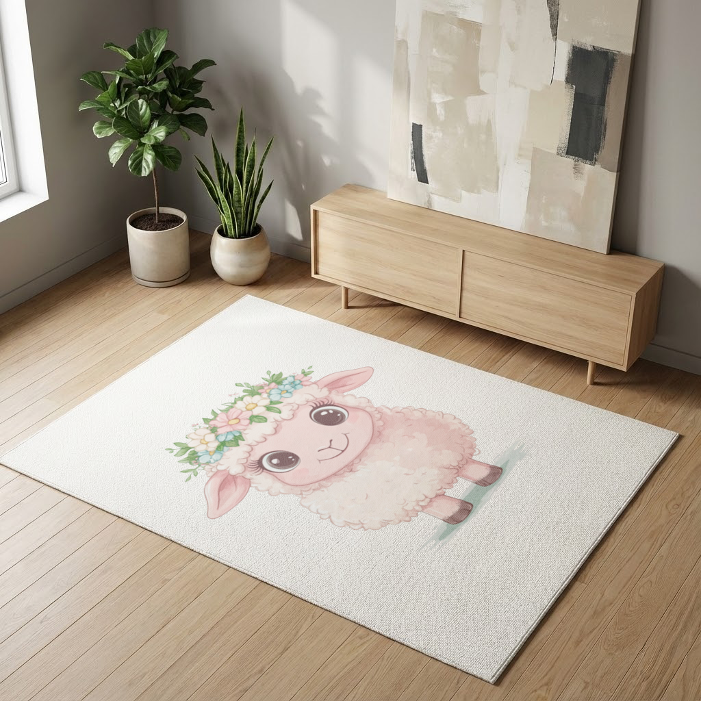 Kawaii Çiçek Taçlı Pembe Kuzu Salon Halısı