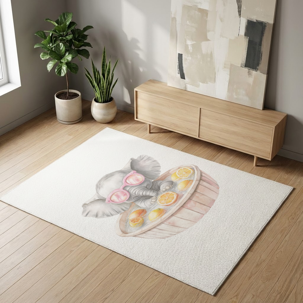 Pembe Gözlüklü Bebek Fil ve Narenciye Banyosu Salon Halısı