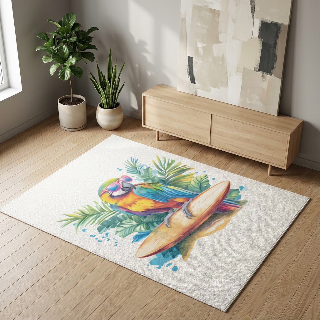 Sörf Yapan Güneş Gözlüklü Papağan Salon Halısı