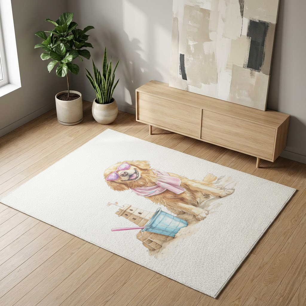 Plajda Pembe Gözlüklü Golden Retriever Salon Halısı