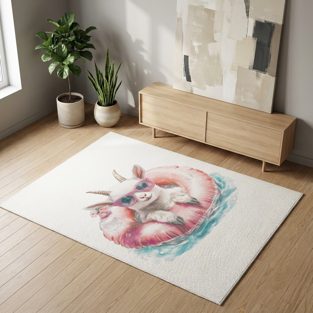 Pembe Gözlüklü Havuzda Yavru Keçi Salon Halısı