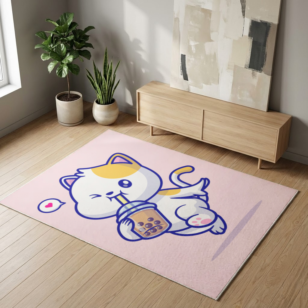 Boba Çayı İçen Kawaii Kedi Salon Halısı