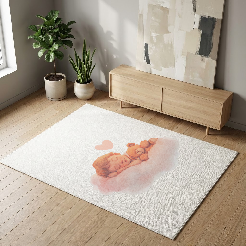 Bulut Üstünde Uyuyan Bebek ve Ayıcık Salon Halısı