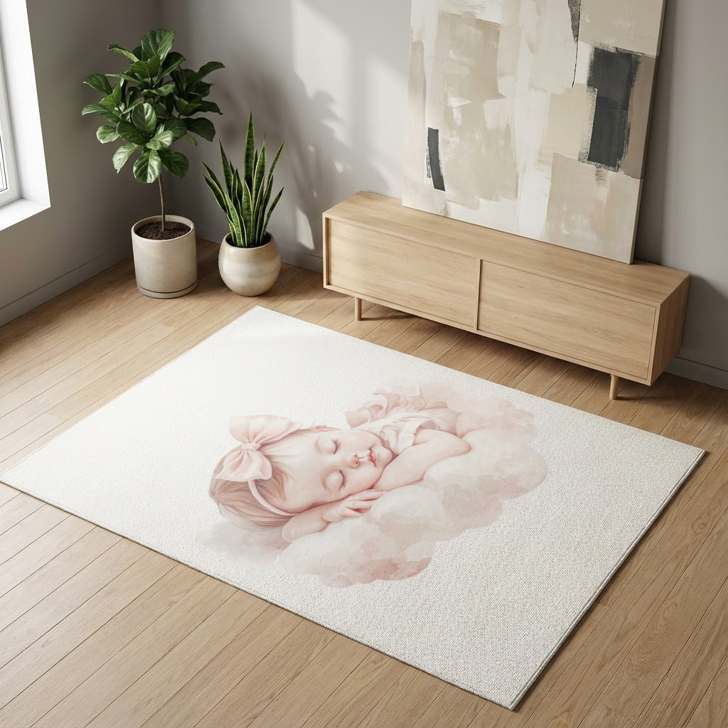 Pembe Kurdeleli Uyuyan Kız Bebek Salon Halısı
