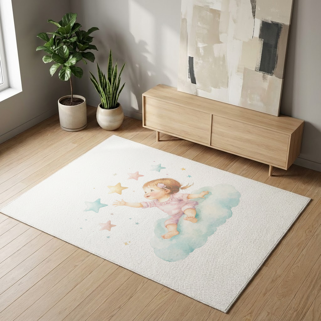 Bulut Üzerinde Yıldızlara Ulaşan Bebek Salon Halısı