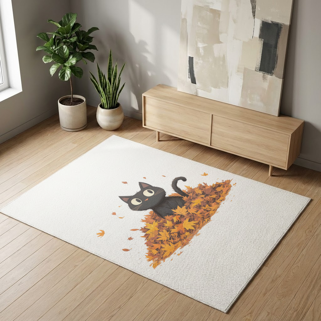 Cute Black Cat in Autumn Leaves Living room carpet