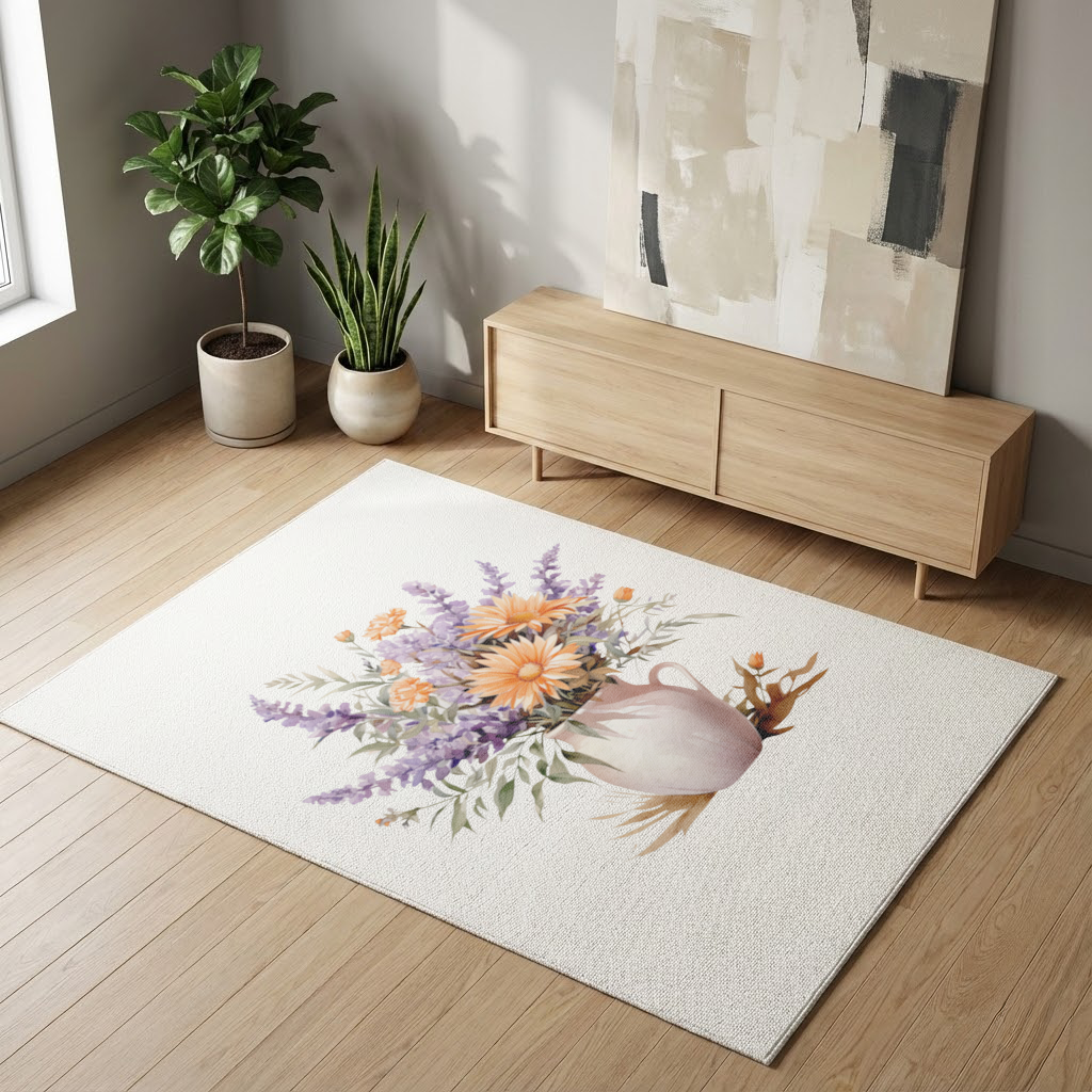 Turuncu Kır Çiçekleri ve Lavanta Salon Halısı