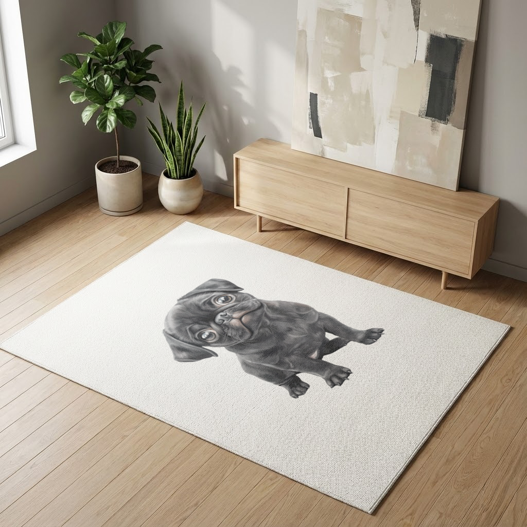 Masum Bakışlı Siyah Pug Yavrusu Salon Halısı