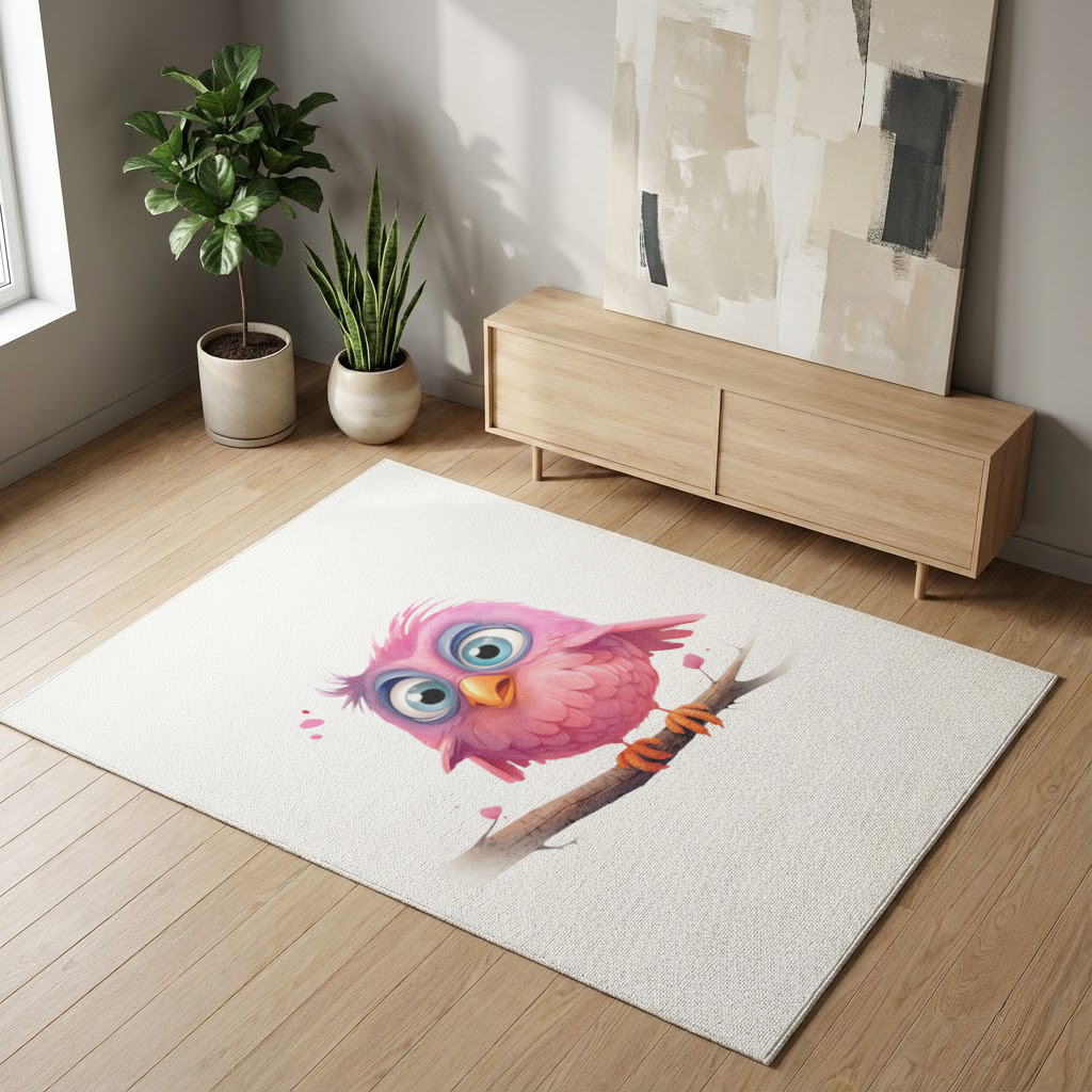 Cute Pink Bird with Large Blue Eyes Living room carpet