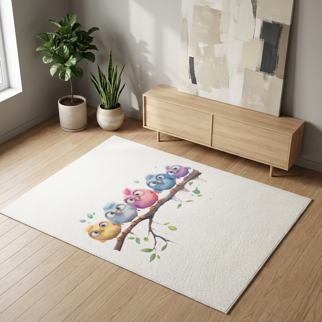 Daldaki Beş Renkli Kawaii Kuş Salon Halısı