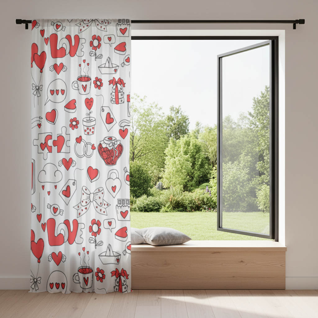Valentines Day Doodle Love Heart Pattern Cute Design Drapes